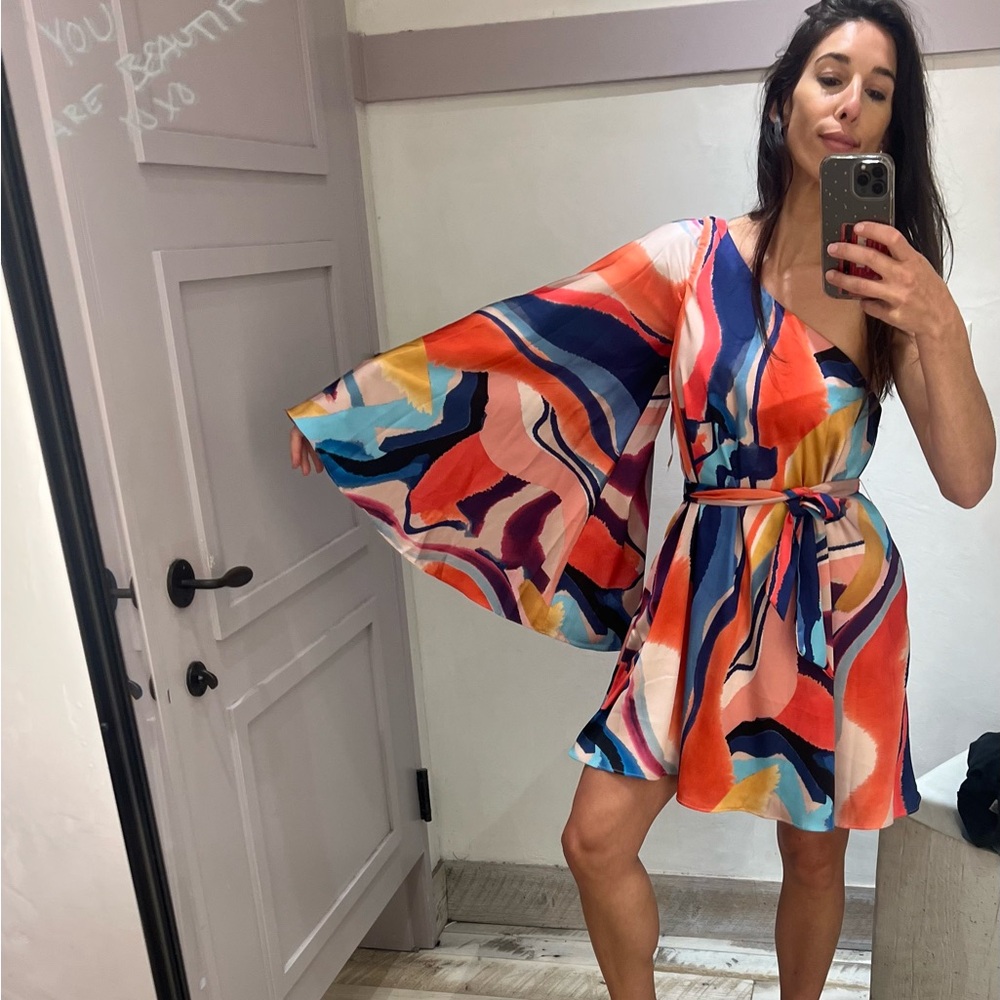 BHLDN Pink and Yellow Sundress with One Shoulder and Dolman Sleeves